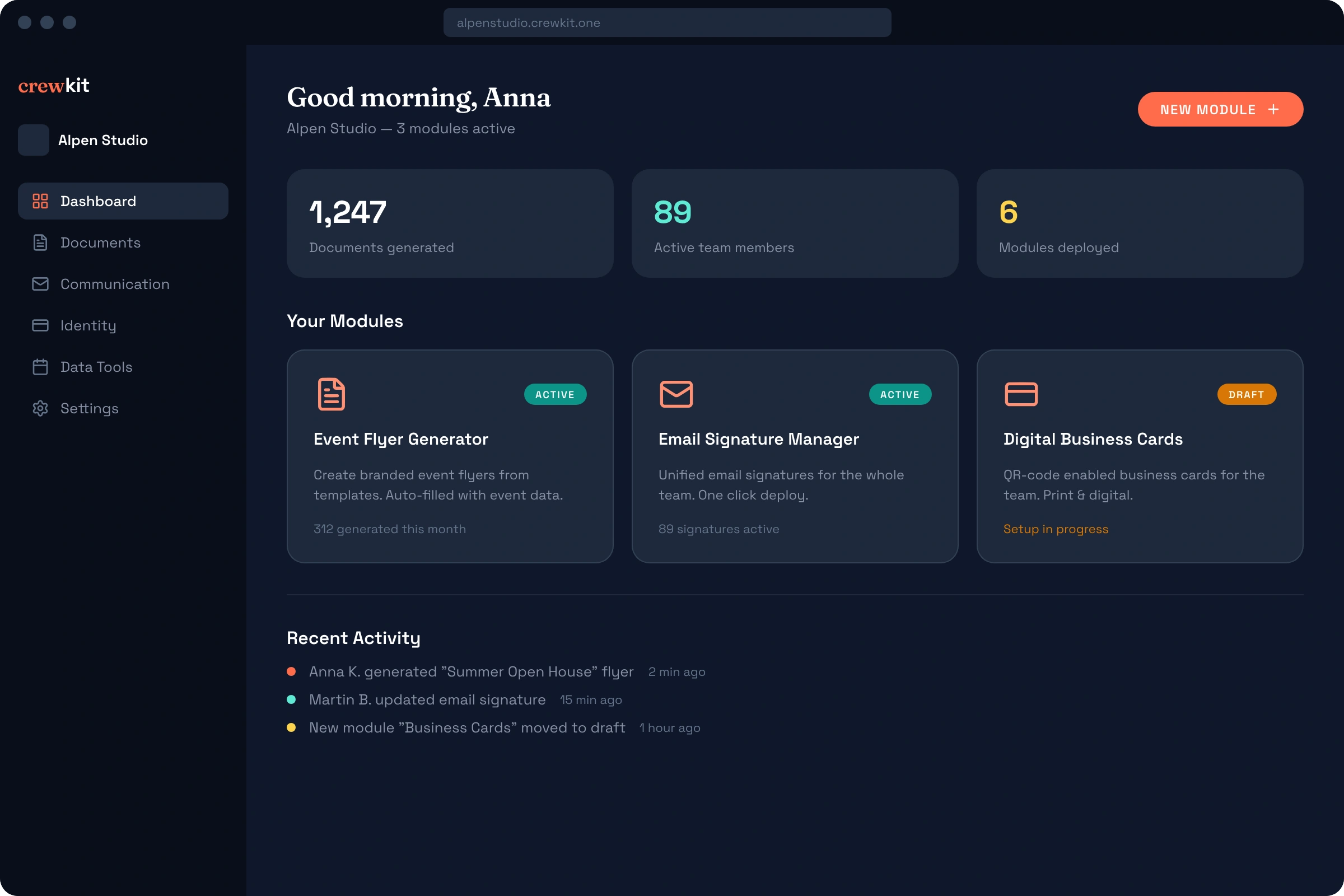 Crewkit dashboard showing modules deployed for Scott.Weber Workspace